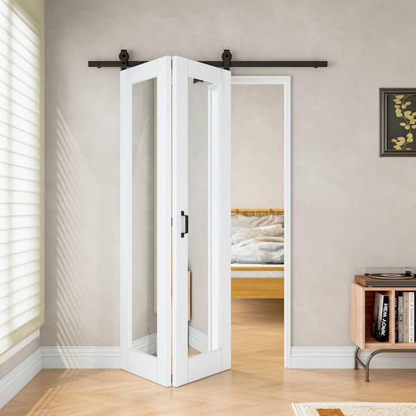 ARK DESIGN 48 in. x 80 in. 1 Lite Mirrored Glass White Primed MDF DIY Painting Bifold Sliding Barn Door with Hardware Kit