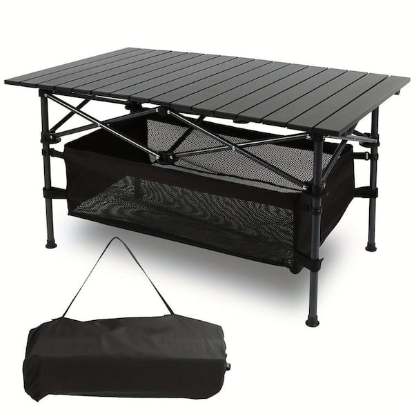 21.7 in. Black Rectangle Aluminum Folding Camping Picnic Table, Roll-up Ultra Compact Portable Lightweight beach Table