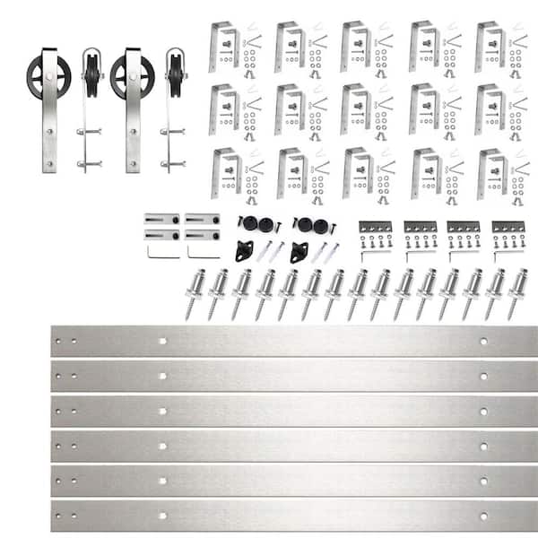 HOMACER 20 ft./240 in. Brushed Nickel Double Track Bypass U-Shape Sliding Barn Door Hardware Kit - Spoke Wheel Design Roller