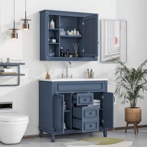 36 in. W x 18 in. D x 34 in. H Single Sink Freestanding Bath Vanity in Blue with White Top and Mirror Cabinet