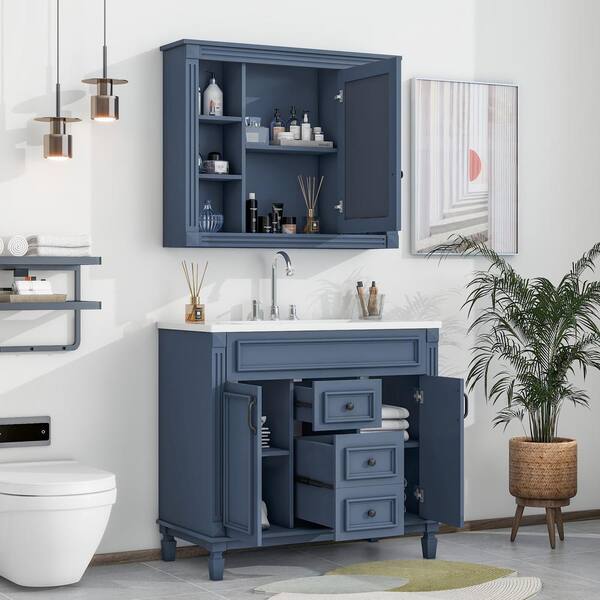 Unbranded 36 in. W x 18 in. D x 34 in. H Single Sink Freestanding Bath Vanity in Blue with White Top and Mirror Cabinet