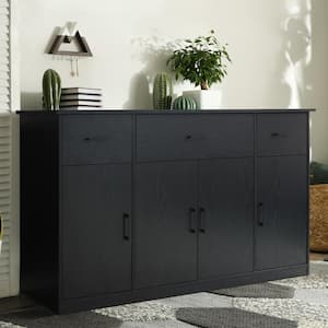 Black Particle Board 56 in. Buffet Kitchen Storage Cabinet Sideboard with 4-Doors, 3-Drawers