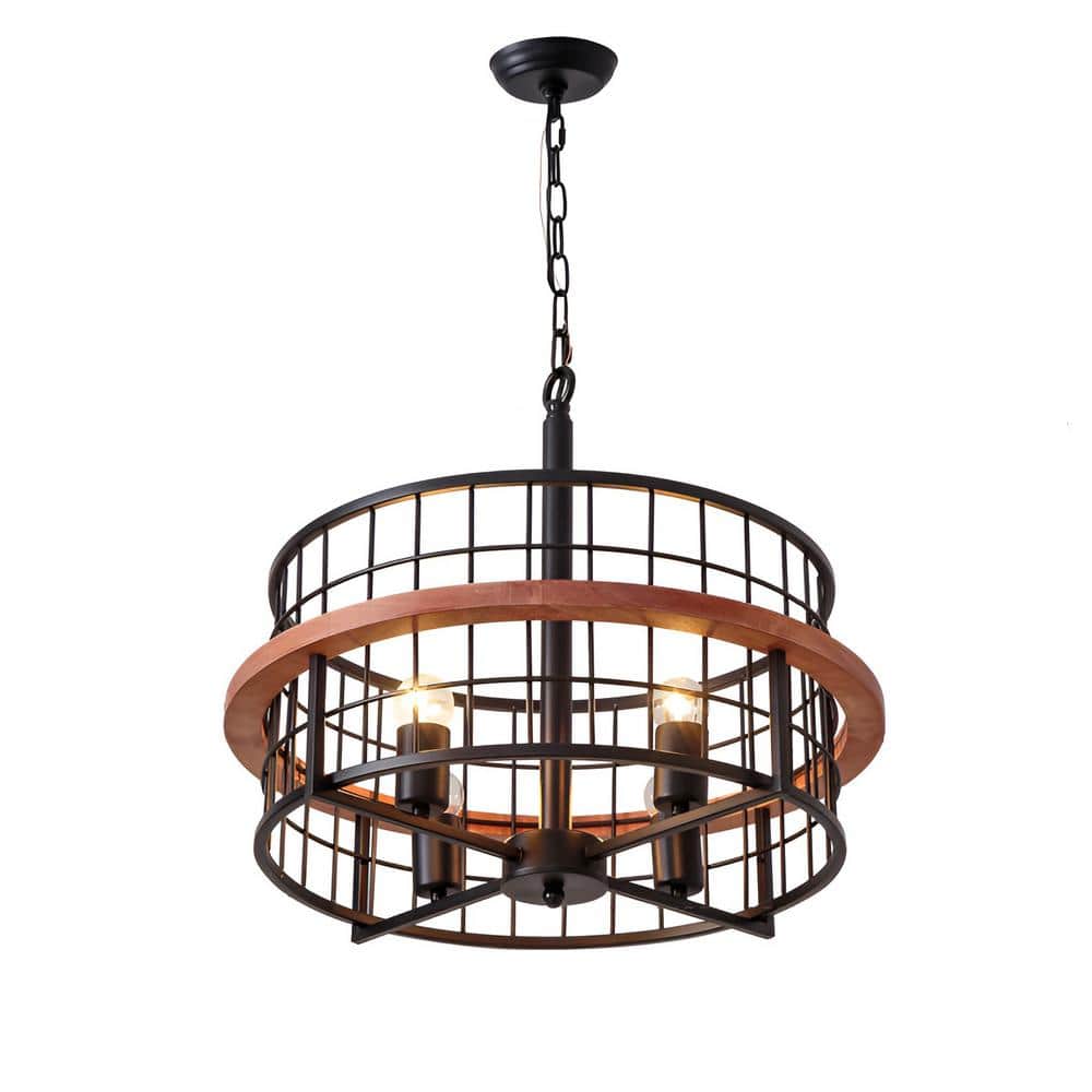 Maroco 60-Watt 4 Light Black Drum Rustic Pendant Light with Cage Metal Shad