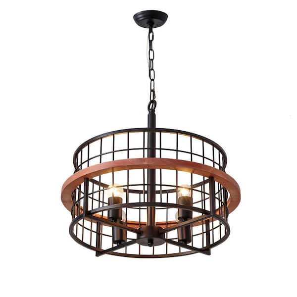 Unbranded Maroco 60-Watt 4 Light Black Drum Rustic Pendant Light with Cage Metal Shade, No Bulbs Included