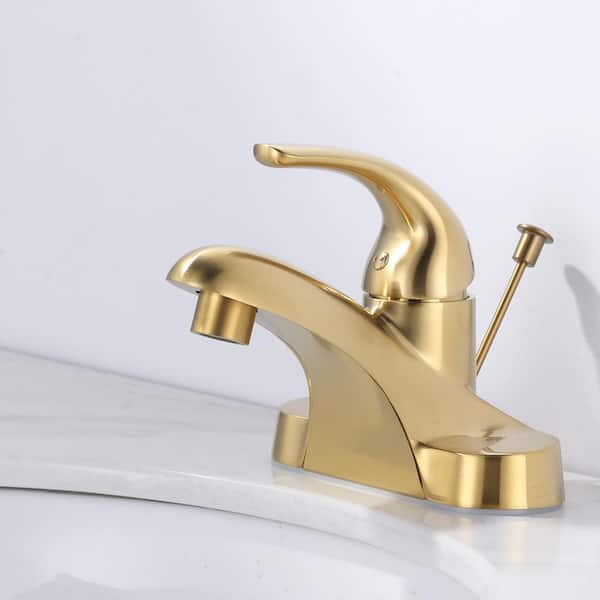 4 in. Centerset Single Handle Low Arc Bathroom Faucet with Popup Drain Included in Brushed Gold