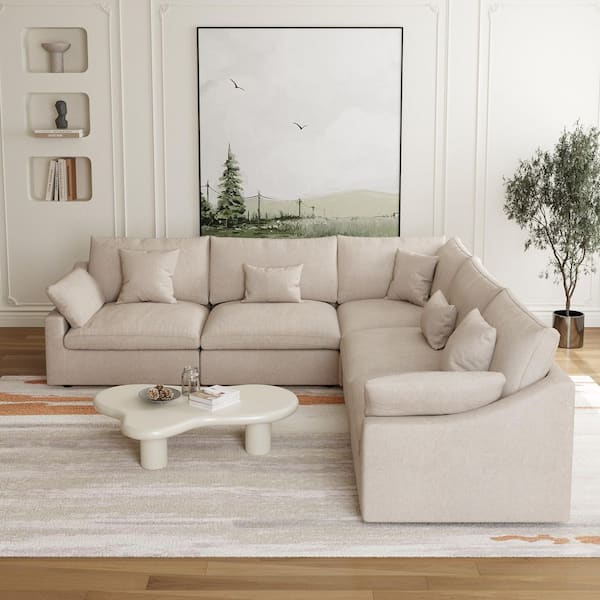 119.2 in. Square Arm 5-Piece Linen Modular Free Combination Sectional Sofa in Brown 5-Seater with Removeble Cover