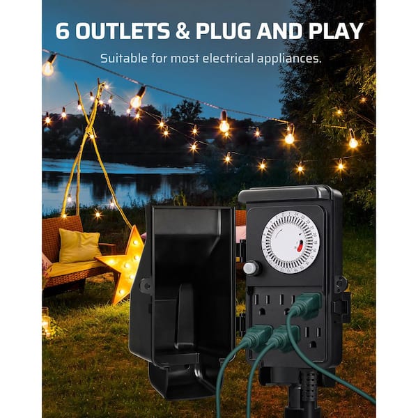 Outdoor Mechanical Power Strip Timer with Waterproof 6 Outlet Garden Power Stake, 6 ft. Cord