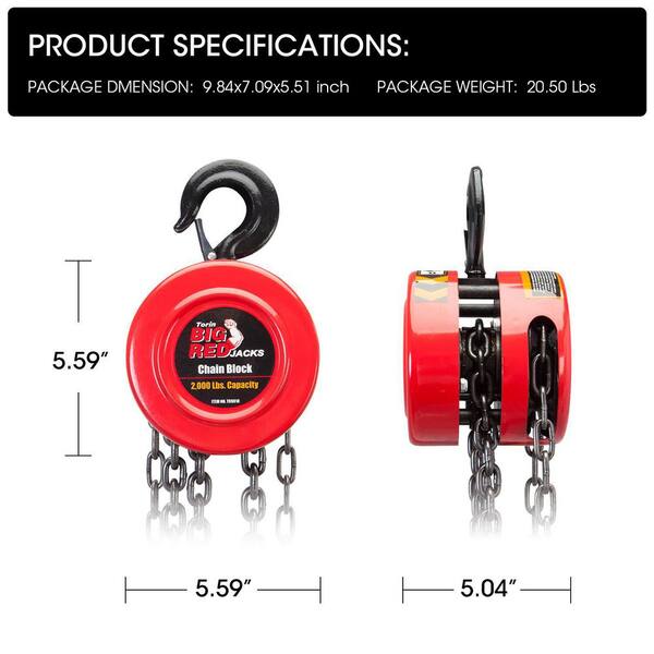 Torin BIG RED TR9010-5 Hand Chain Hoist - 1 Ton Capacity 8ft Chain For Heavy Lifting