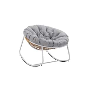 40 in. W White Metal Outdoor Rocking Chair with Light Grey Cushions