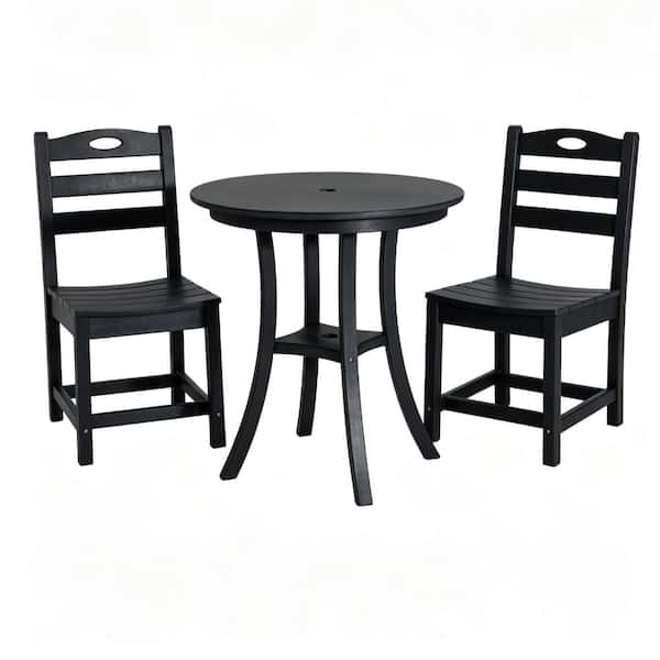 All-Weather 3-Piece Black HDPE Outdoor Bistro Set, Compact Conversation Set with Umbrella Hole