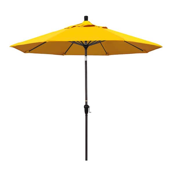 California Umbrella 9 ft. Bronze Aluminum Pole Market Aluminum Ribs Auto Tilt Crank Lift Patio Umbrella in Sunflower Yellow Sunbrella