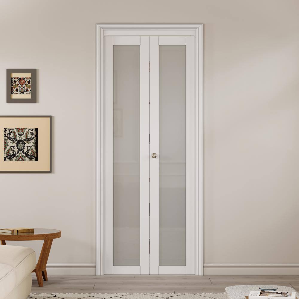 30" x 80" White Frosted Glass Solid Core MDF Bi-Fold Door