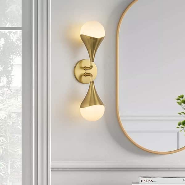 HUOKU Dropwater 18.3 in. W 2-Light Aged Brass Gold with Glossy Glass Vanity Light Wall Sconce