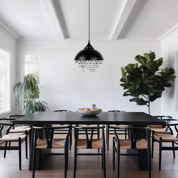 1-Light Crystal Black Metal Dome Industrial Pendant Light for Foyer, Hallway, Living Room, Rustic Modern Chandelier
