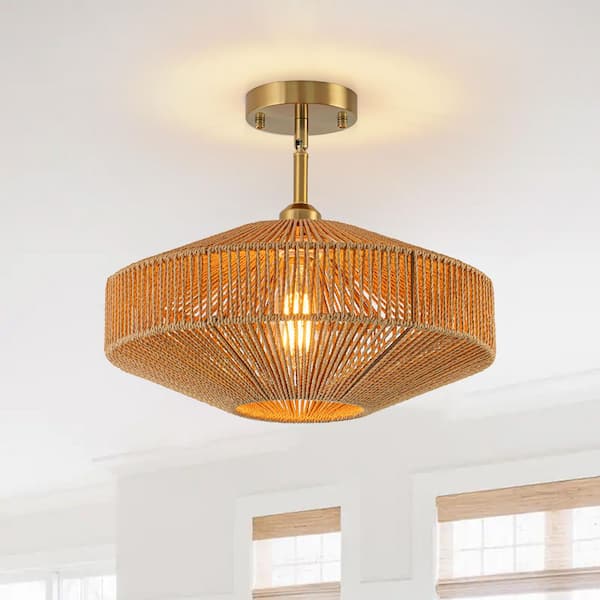 Y'INSP 15.7 in. 1-Light Drum Antique Gold Handcrafted Woven Rattan ...