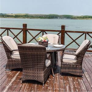 Brown 5-Piece Wicker Outdoor Dining Set with Beige Cushion