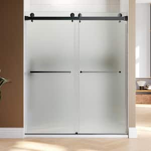 UKD01 56 to 60 in. W x 80 in. H Double Sliding Frameless Shower Door in Matte Black EnduroShield 3/8 in. Acid-Etch Glass