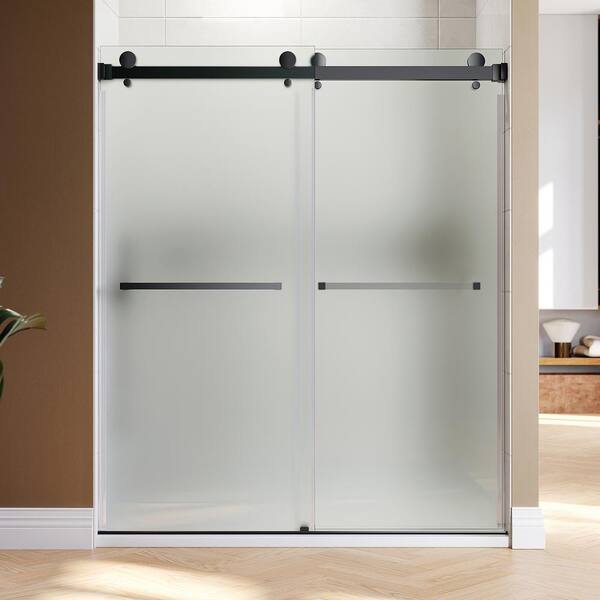 UNIKOO UKD01 56 to 60 in. W x 80 in. H Double Sliding Frameless Shower Door in Matte Black EnduroShield 3/8 in. Acid-Etch Glass