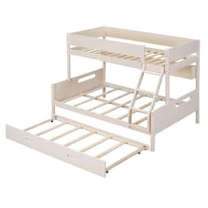 Cream Twin over Full Wood Bunk Bed with Storage Shelves, Twin Size Trundle, Built-in Inclined Ladder