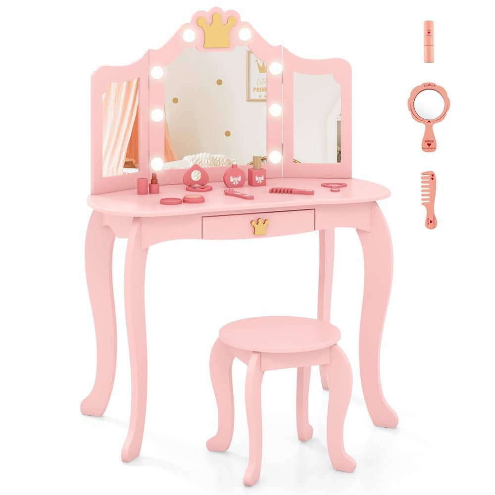 Kids Vanity Set w/ Lighted Mirror & Stool, Princess Makeup Dressing Table w/ Mirror, Adjustable LED Lights, Pink price history on PriceWatchPro