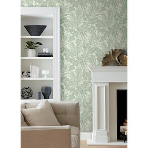 Brentwood Green Textured Palm Leaves Non-Pasted Paper Weave Grasscloth Wallpaper