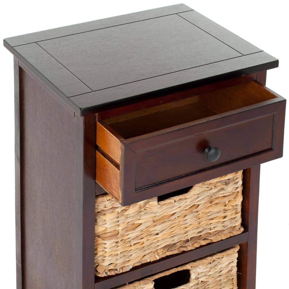 Dark Cherry Pine Side Table with Wicker Baskets
