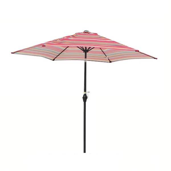 9 ft. Metal Market Push-Button Tilt Patio Umbrella in Red Stripe with Crank Lift, UV Protection, No Base Included