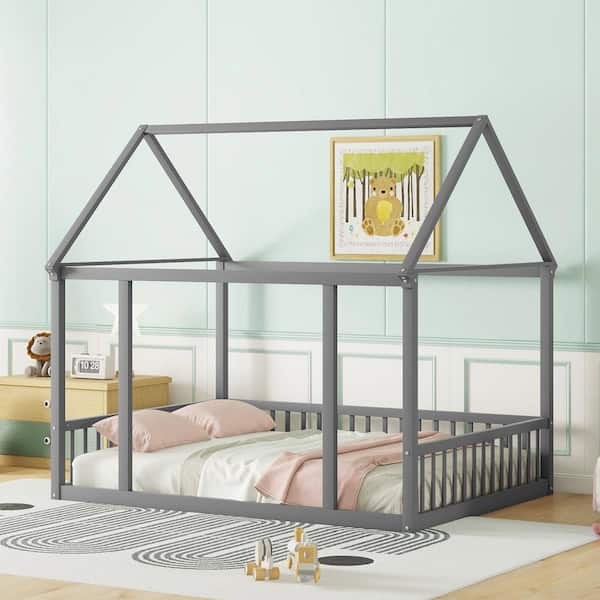 Harper & Bright Designs Gray Wood Frame Full Size House Floor Bed with Roof, Safety Guardrails, No Slats