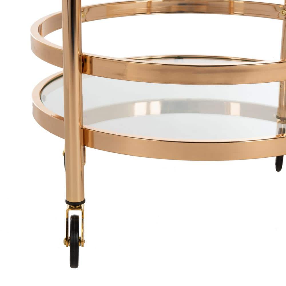 Transitional 24" Gold Metal and Glass Round Bar Cart with Wine Storage