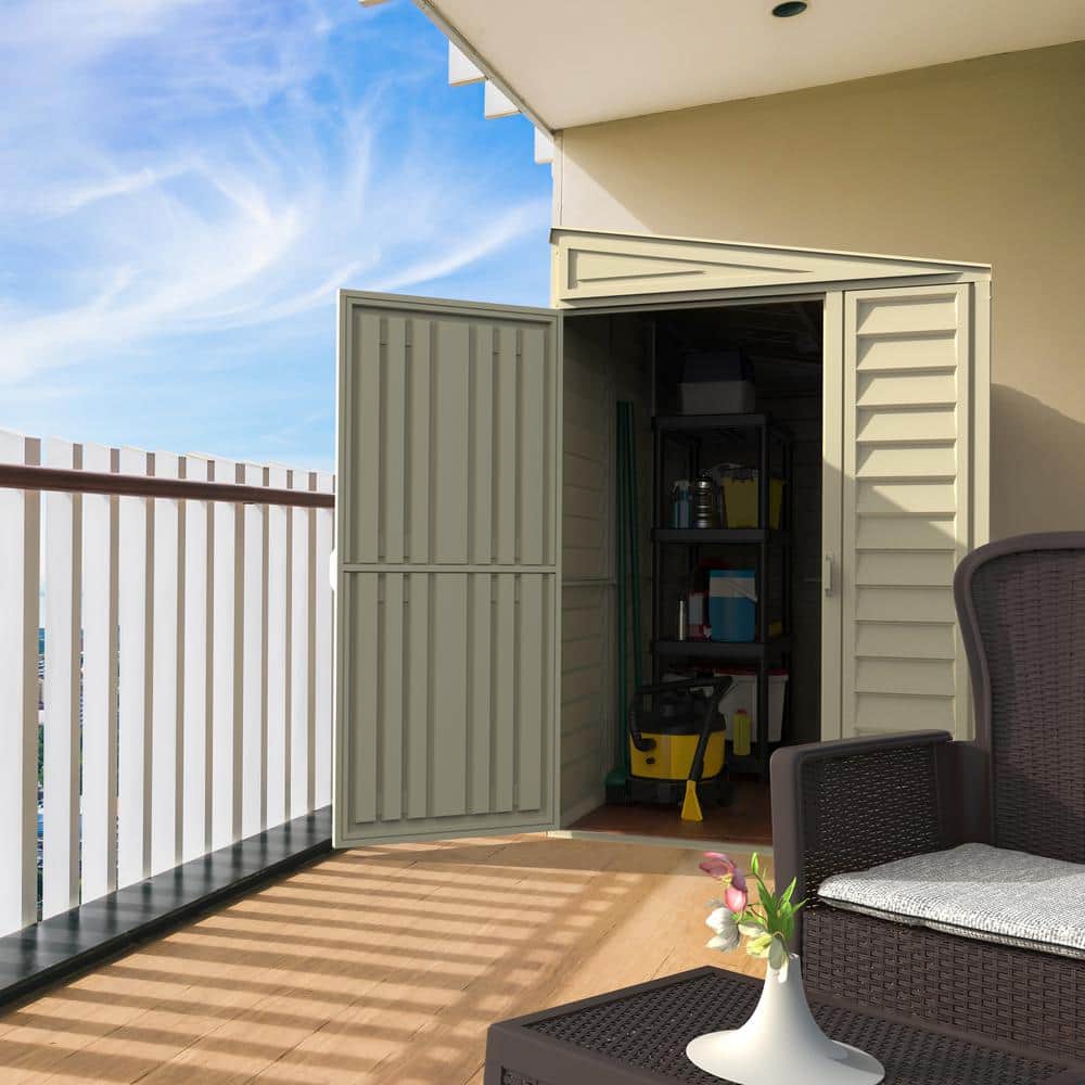 Beige 4' x 8' Vinyl Lean-To Storage Shed with Shelving