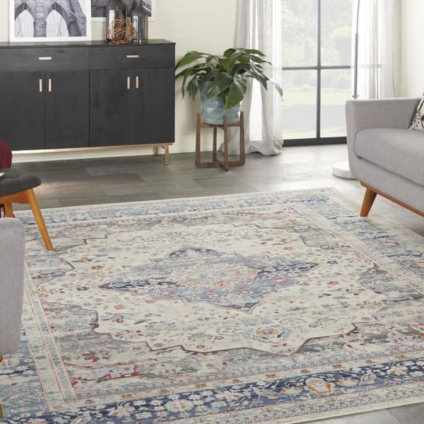 8 ft. x 10 ft. Ivory Blue And Orange Floral Medallion Distressed Non Skid Area Rug
