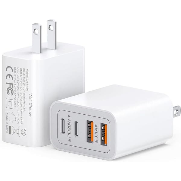 OBJLGEV Dual USB-C and USB-A 40W Fast Charging Block 2-Pack 4-Port Wall Plug Adapter for iPhone 16/15/14 iPad Samsung
