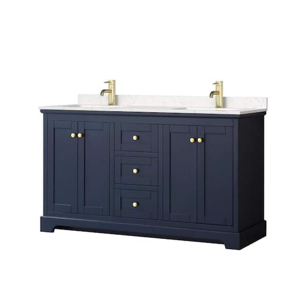 Wyndham Collection Avery 60in.Wx22 in.D Double Vanity in Dark Blue with Cultured Marble Vanity Top in Light-Vein Carrara with White Basins