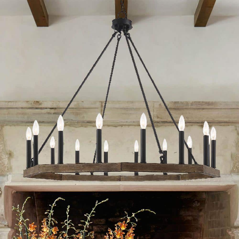 Octagonal Modern Black Metal 16-Light Wagon Wheel Chandelier