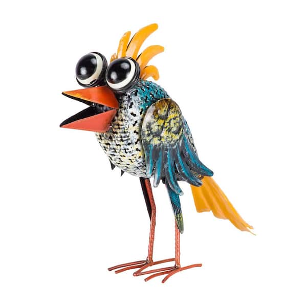 Alpine Corporation 11 in. Tall Outdoor Metal Wide-Eyed Bird Standing Yard Statue Decoration, Multicolor