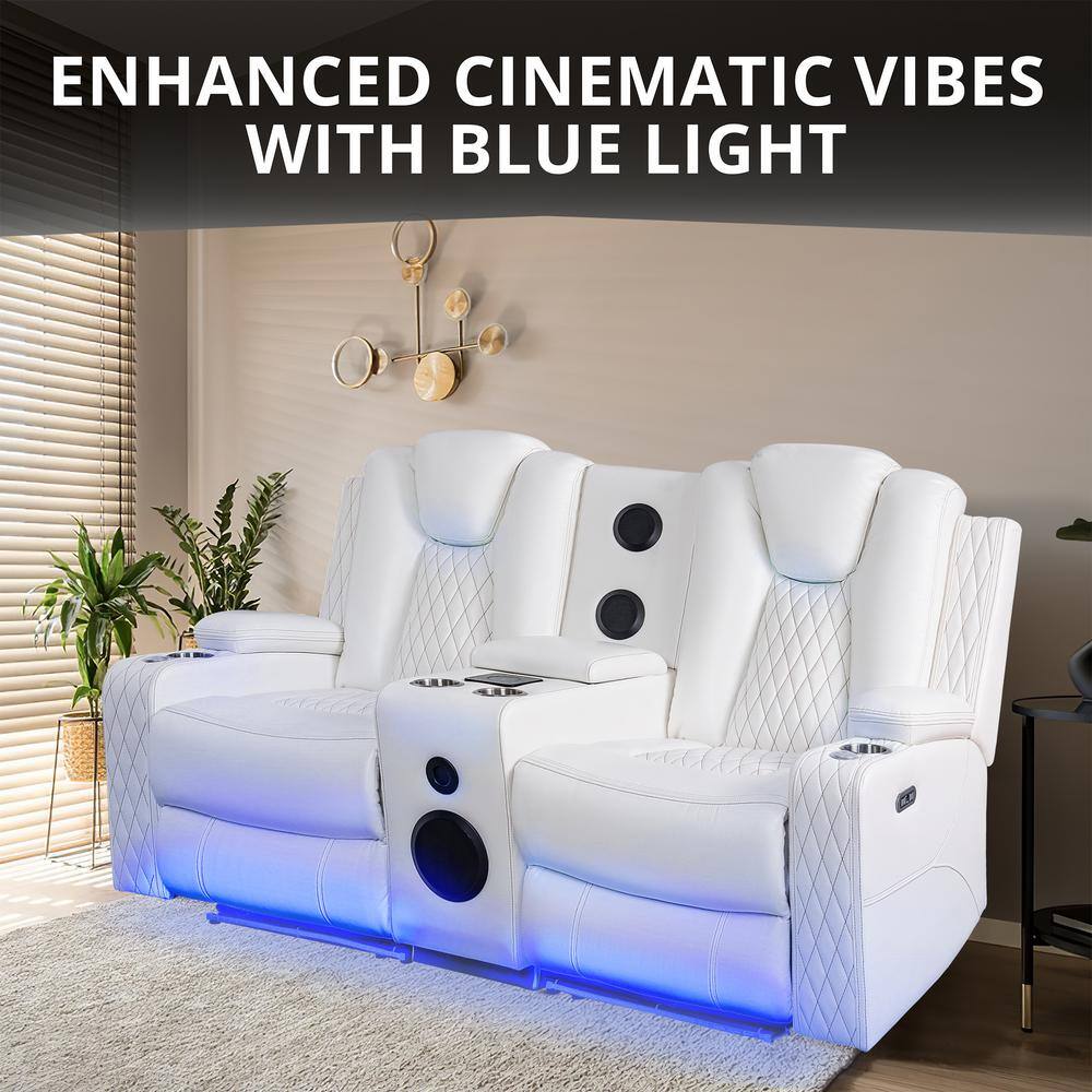 White Faux Leather Reclining Loveseat with Cup Holders and LED Lights