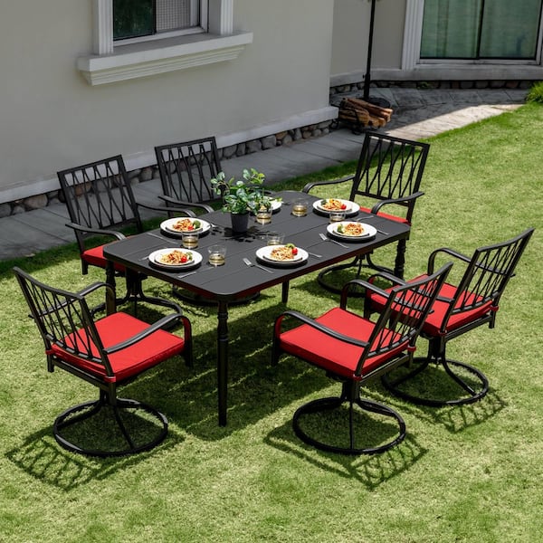 Black 7-Piece Metal Rectangle Outdoor Dining Set with Red Zippered Cushions and Umbrella Hole