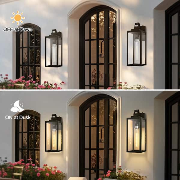 18 in. 2-Pack Large Black Dusk to Dawn Outdoor Waterproof Lantern Wall Lights with Clear Glass Shade T30 Bulbs Included