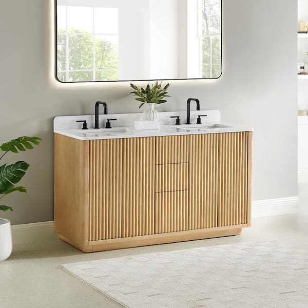 Clayton 60 in. Double Freestanding Washed Light Brown Bath Vanity with Grain White Engineered Stone Top Assembled