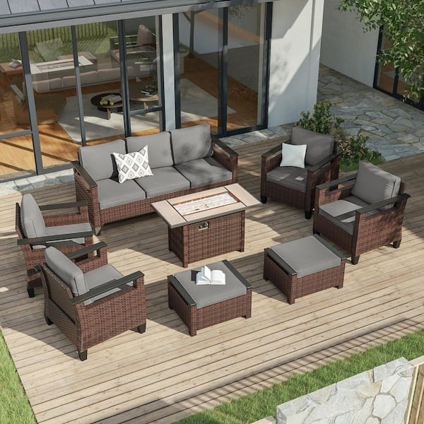 8-Pieces Patio Conversation Set with Rectangle Fire Table Set Wide Armrests High Back Sofa Brown Wicker Gray Cushion