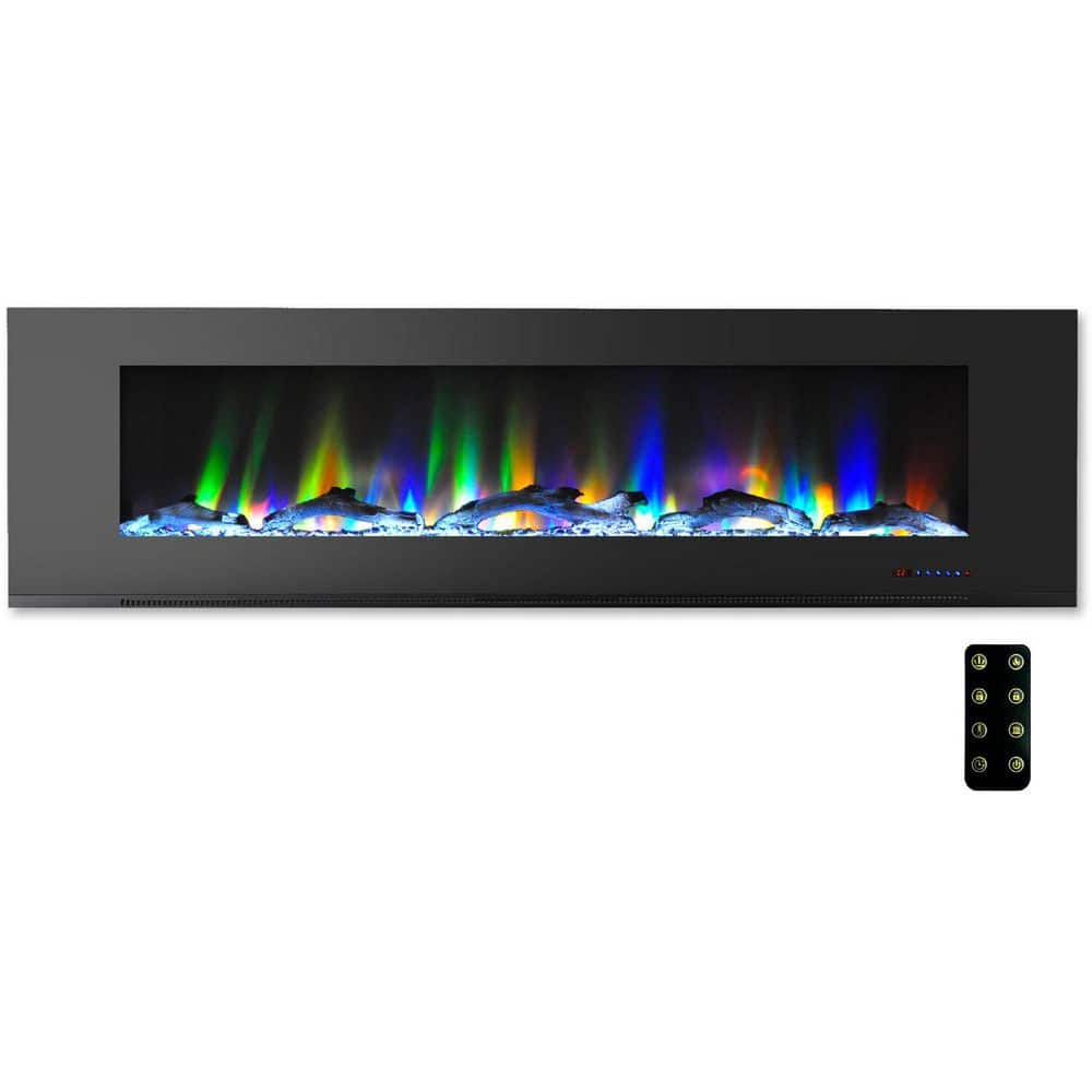 72-Inch Black Wall Mount Electric Fireplace with Multicolor LED Flames