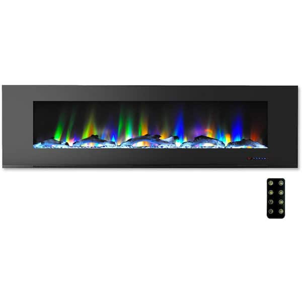 72 in. Wall-Mount Electric Fireplace in Black with Multi-Color Flames and Driftwood Log Display