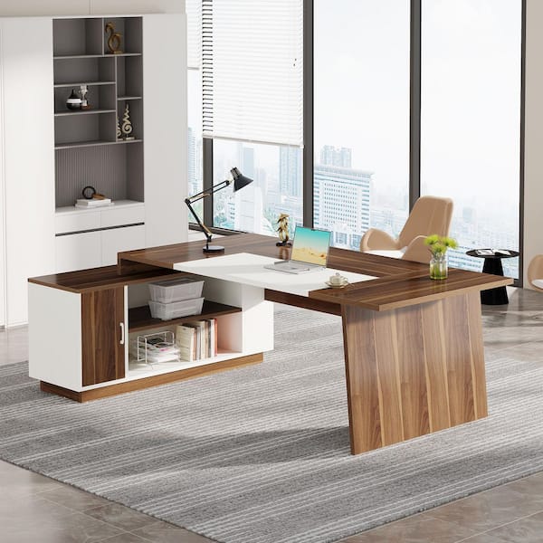 Halseey 70 in. L-Shaped Walnut and White Wood Executive Office Desk Large Computer Desk with Storage, Shelves, Cabinet