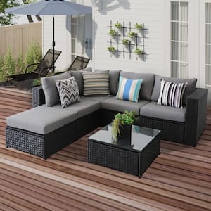 UIXE B23 Black Wicker Outdoor Sectional Set with Gray Cushions