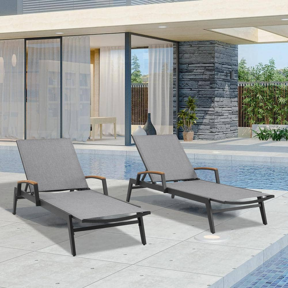 2-Piece Aluminum Patio Outdoor Chaise Lounges with Teak Wood Armrests -  ULAX FURNITURE, HD-580075