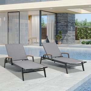 2-Piece Aluminum Patio Outdoor Chaise Lounges with Teak Wood Armrests