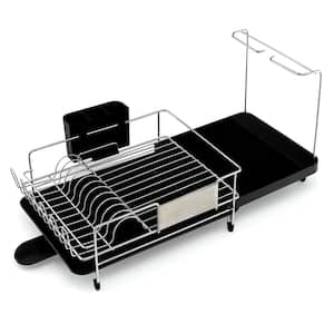Stainless Steel Standing Dish Rack with Cutlery Cup Glass Holder, Removable Drip Tray and 360° Swiveling Spout