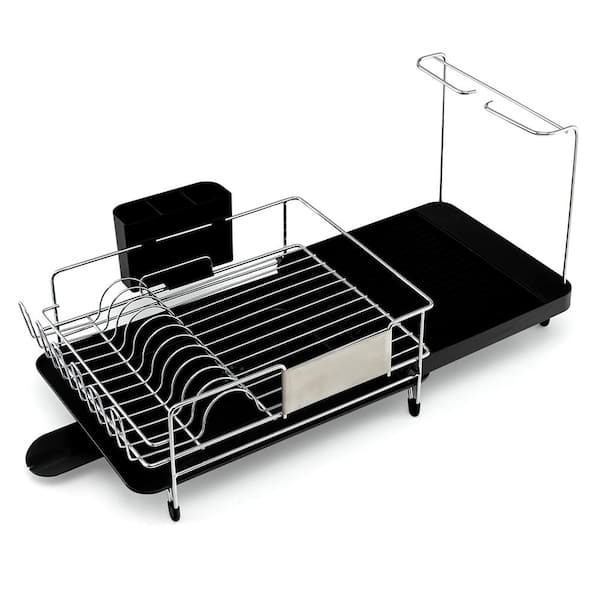 Bunpeony Stainless Steel Standing Dish Rack with Cutlery Cup Glass Holder, Removable Drip Tray and 360° Swiveling Spout