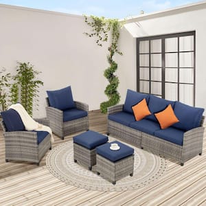 (5-Piece) Outdoor Rattan Sectional Sofa Wicker Patio Conversation Furniture Sets with Cushion Guard Blue Cushions