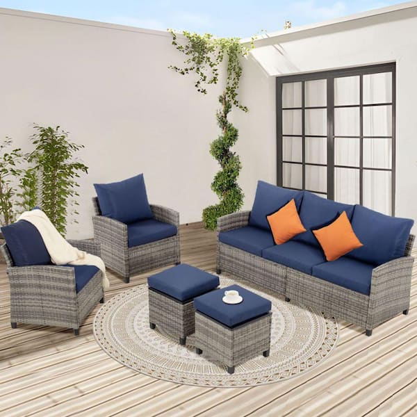 MIRAFIT (5-Piece) Outdoor Rattan Sectional Sofa Wicker Patio Conversation Furniture Sets with Cushion Guard Blue Cushions